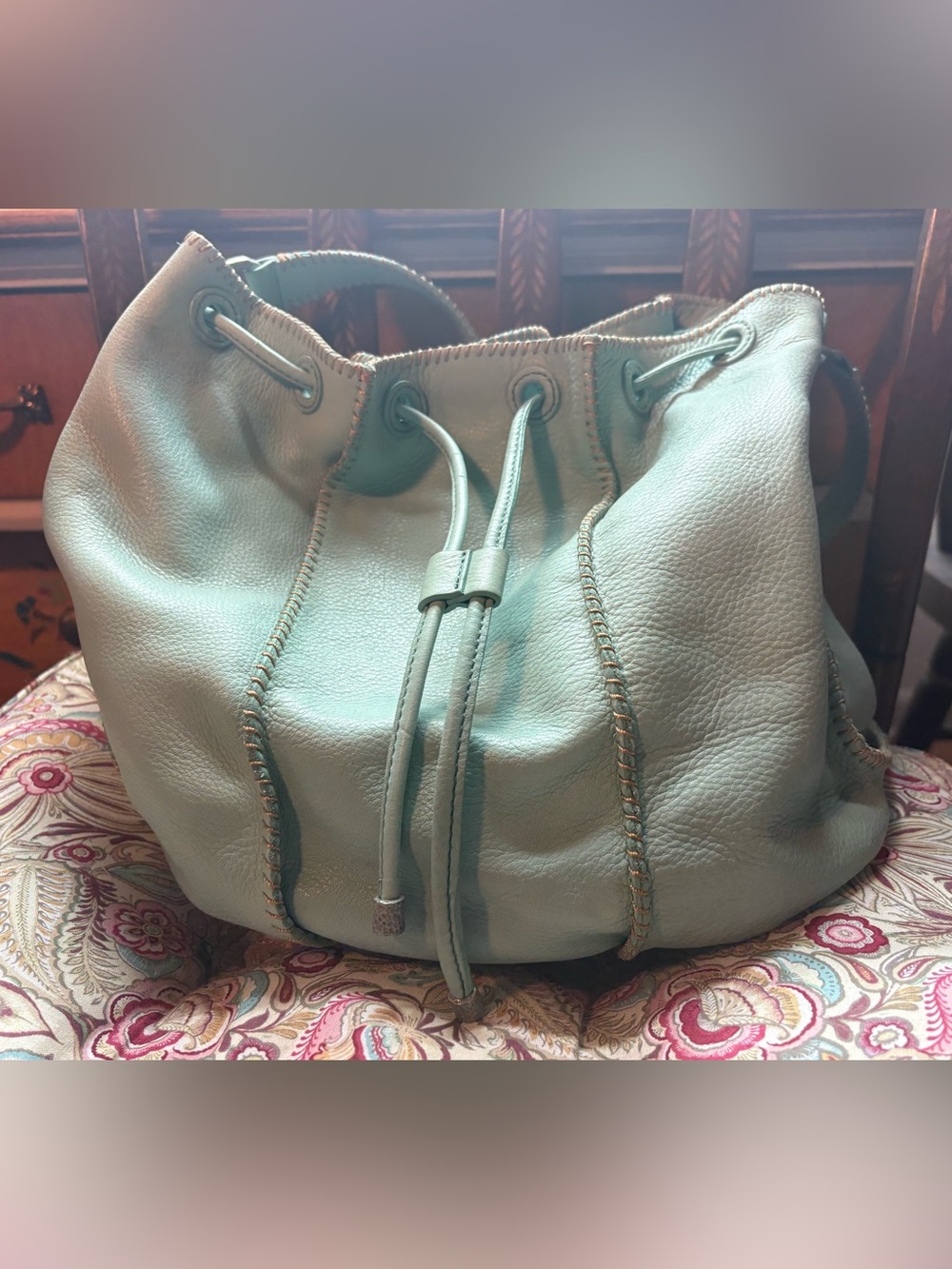 Vintage Sigrid Olsen Leather Drawstring Hobo in Teal